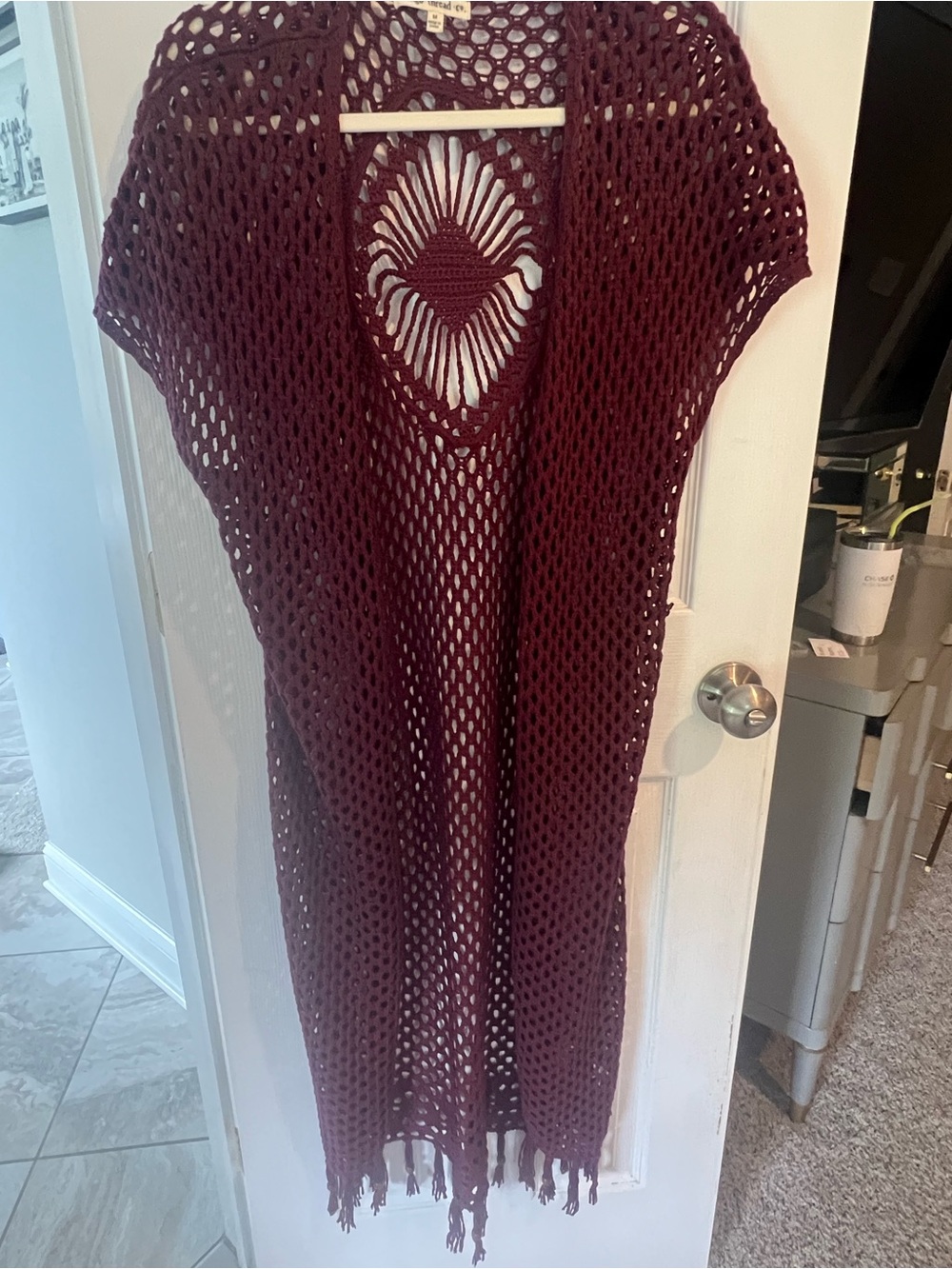 Crochet Open Weave Burgundy Duster Cardigan